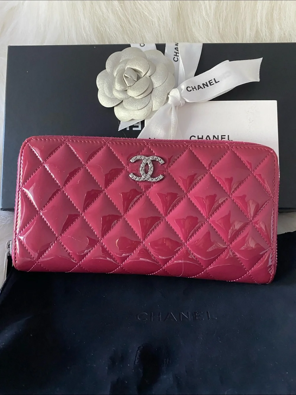 Chanel Patent Leather Brilliant Matelassé Long Zip Wallet in Rose Pink in Box